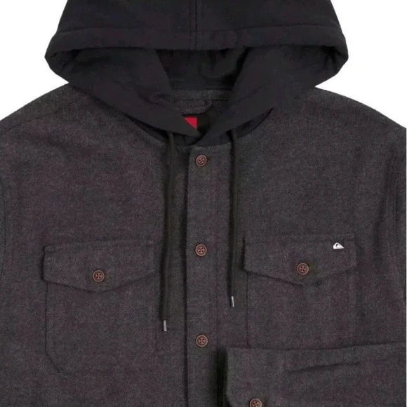 Quiksilver Men's Hooded Flannel, Hood With Drawstring, Midweight, Black Medium
